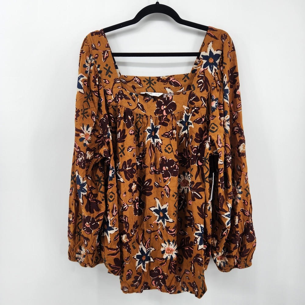 Sonoma Womens 2X Floral Print Square Neck Long Sleeve Peasant Blouse Top